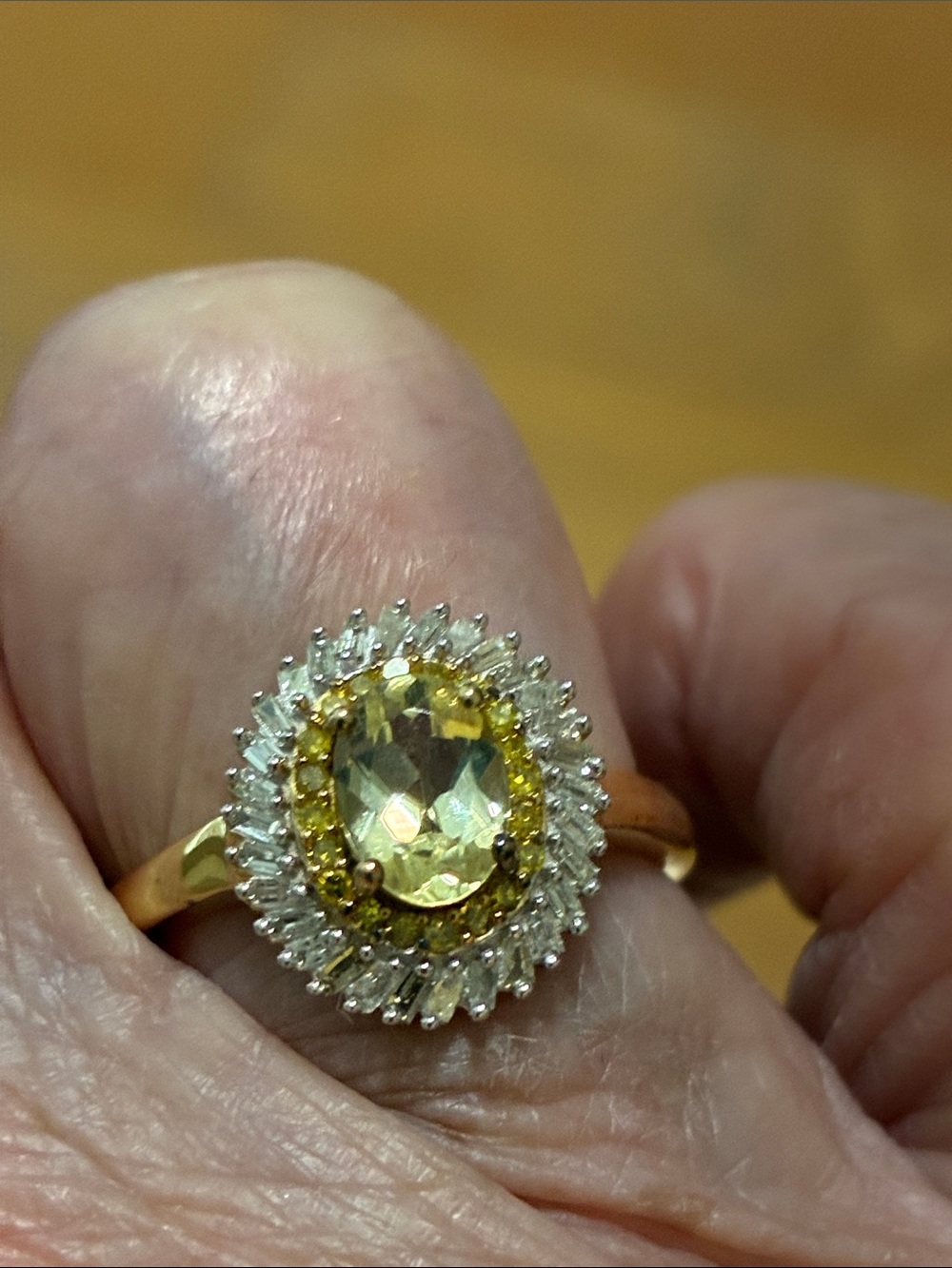 Premium Yellow Apatite with Yellow and White Diamonds size 6 18k YG over silver